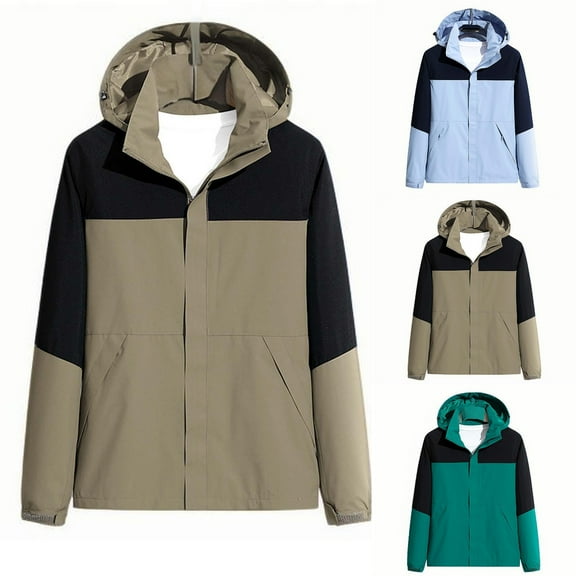 Rain Jackets for Mens Big and Tall Removable Hooded Long Sleeve Waterproof Windproof Windbreaker with Pockets Lightweight Sportswear JacketsGifts for Men Khaki XXL