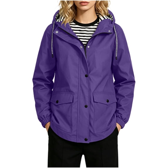 Rain Jackets for Women Solid Color Waterproof Outdoor Hiking Drawstring Long Sleeved Double Pocket Hooded Windbreaker Jacket Top Lightweight Outerwear with Pockets