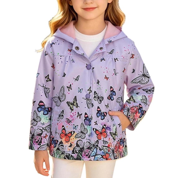 Rain Jackets for Girls Hooded Zip Up Long Sleeve Cute Graphic Print Coat Fashion Causal Windbreaker Jacket with Pockets (3-4 Years, Purple)