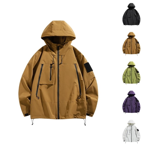 Rain Jackets for Men 2025 Windproof Waterproof Outdoor Zip Up Hooded Jacket with Pockets Outerwear Coat Hoodie