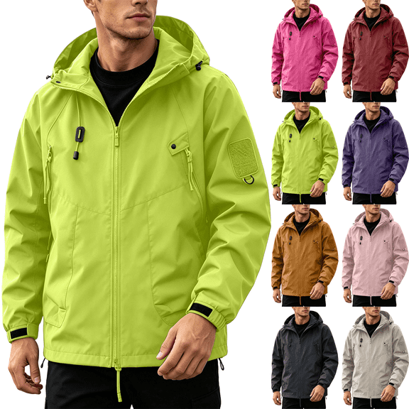 Rain Jackets for Men Solid Color Windbreaker Windproof Zip Up Hooded Windbreaker Loose Fit Trendy Fall Vacation Outdoor Travel Jacket