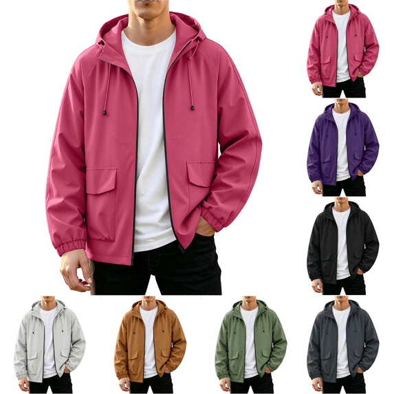Rain Jackets for Men Waterproof Long Sleeve Zip Up Hooded Windbreaker for Big and Tall Solid Color Daily Outdoor Hiking Travel Casual Jacket