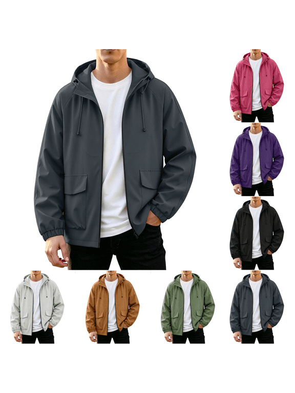 Rain Jackets for Men Waterproof Long Sleeve Zip Up Hooded Windbreaker for Big and Tall Solid Color Daily Outdoor Hiking Travel Casual Jacket