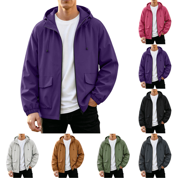 Rain Jackets for Men Waterproof Long Sleeve Zip Up Hooded Windbreaker for Big and Tall Solid Color Daily Outdoor Hiking Travel Casual Jacket