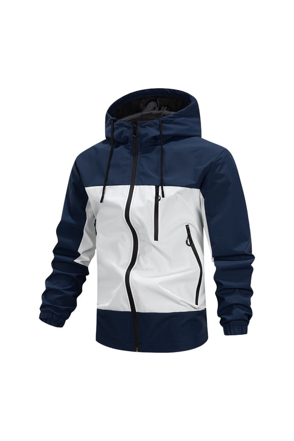 Rain Jackets for Men Windbreaker Zip Up Raincoats with Zipper Pockets and Hoodie Long Sleeve Casual Color Block Athletic Workout Hiking Jacket
