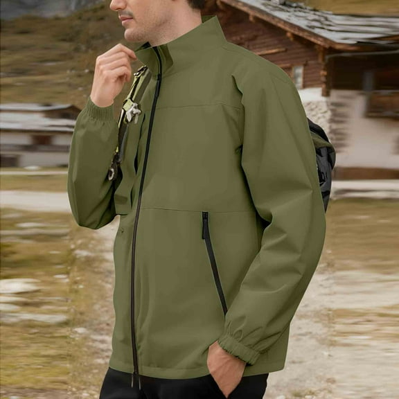 Rain Jackets for Men with Zipper Pockets Long Sleeve Zip Up Raincoats Mens Casual Solid Color Mock Neck Breathable Hiking Work Outerwear Jacket