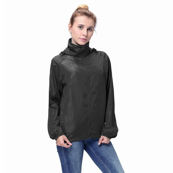 Rain Jackets for Women, Lightweight Full-Zip Waterprooft Widen Brim Hooded Stylish Windbreaker, Black, M