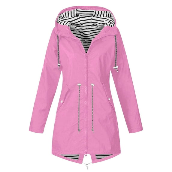 Rain Jackets for Women Waterproof Casual Hooded Raincoat Jacket Outdoor Plus Size Drawstring Rain Coat Windproof Pink