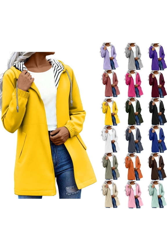 Rain Jackets for Women Waterproof Women Solid Rain Jacket Outdoor Plus Size Hooded Raincoat Windproof Yellow L Fall