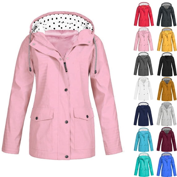 Rain Jackets for Women Windproof Fashion Solid Color Outdoor Water Proof Plus Size Hooded Raincoat