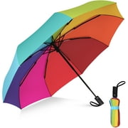 Rain-Mate Compact Travel Umbrella, Windproof Umbrella, Auto Open and Close Button, 9 Rib Reinforced Canopy (Rainbow)