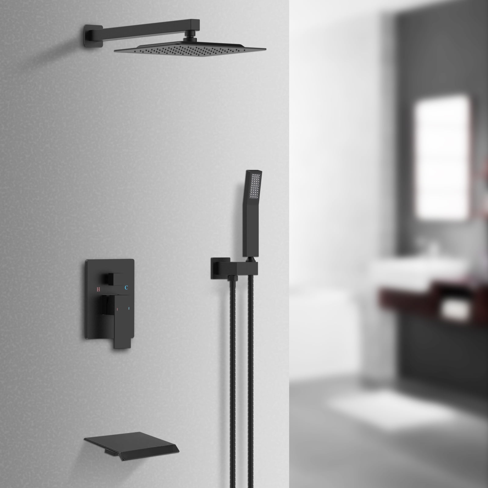OUGOO Matte Black Thermostatic Shower Set - 10" Rainfall Head, Adjustable Rail & Handheld