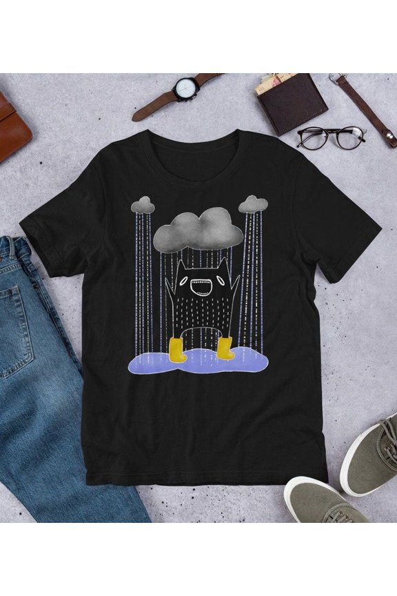 Rain Monster Cloud Stormy Folk Art Graphic Unisex T-Shirt for Quirky Casual Wear up to 5XL
