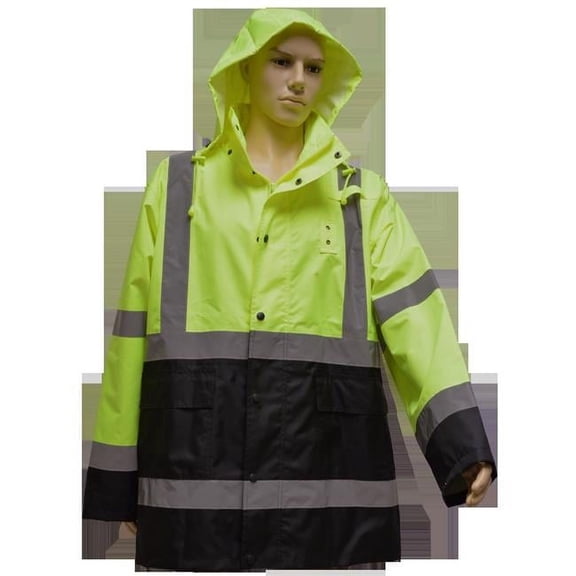 Rain Parka Jacket ANSI-ISEA Class 3 Waterproof, Two Tone Lime & Black with Detachable Hood Storm Flap & Zipper & Snap Closure No Lining, 4X