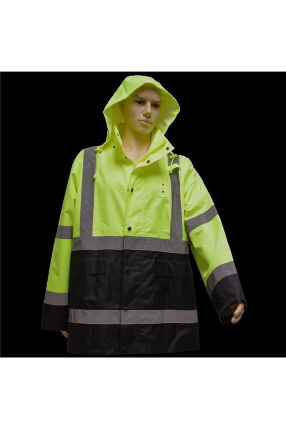 Rain Parka Jacket ANSI-ISEA Class 3 Waterproof, Two Tone Lime & Black with Detachable Hood Storm Flap, Zipper & Snap Closure No Lining, 6X