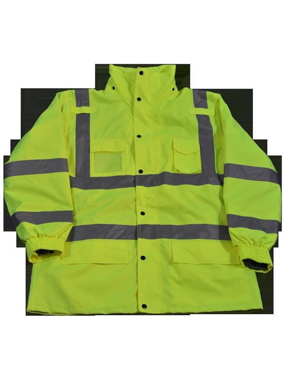 Rain Parka Jacket Waterproof Lime 300D Oxford with Pu Coating Ansi-Isea Class 3, 3-In-1 with Removable Independent Thermal Fleece Jacket, 6XL