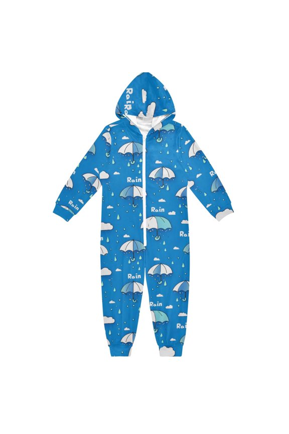 Rain Pattern One Piece Pajamas Soft Jumpsuit Cozy Sleep and Play Romper Zipper and Pockets 9Y-11Y