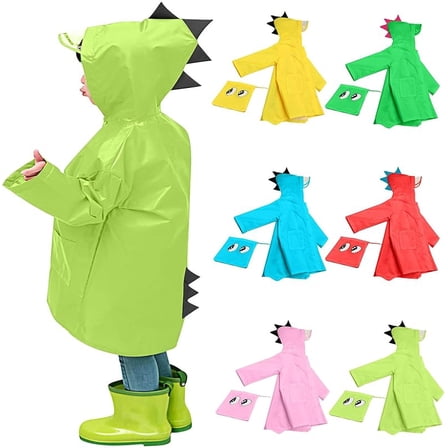 Rain Poncho Children's Dino Rain Jacket Long Unisex Rain Cape Waterproof Windproof Raincoats with Storage Bag Hooded Jacket Outdoor Rain Jackets for Boys and Girls 1-8 Years Old