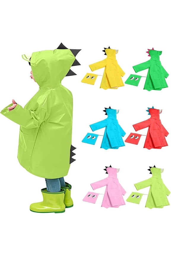 Rain Poncho Children's Dino Rain Jacket Long Unisex Rain Cape Waterproof Windproof Raincoats with Storage Bag Hooded Jacket Outdoor Rain Jackets for Boys and Girls 1-8 Years Old