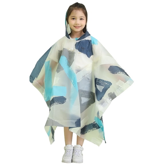 Rain Ponchos for Kids Pattern Printed Waterproof Windproof Fashionable Hooded Windbreaker Style Cloak for Boys Girls Raincoat Blue 5-14 Years