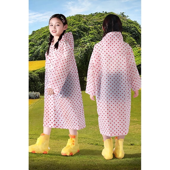 Rain Ponchos for Kids Reusable,Thickened EVA Travel Raincoat Jacket with Hoods and Sleeves Cute Polka Dot Print (Light Pink 4-9 Years)