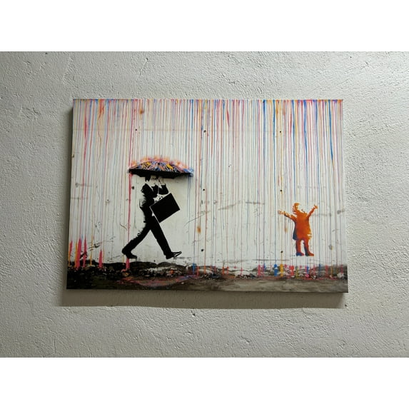 Rain Poster, Graffiti Printed, Street Art Canvas, Banksy Canvas, Street Graffiti Poster, Umbrella Art, Kids Art, Color Rain Art Canvas, Canvas Wall Decor - Natural Framed