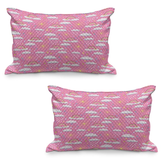 Rain Quilted Pillowcover Set of 2, Doodle Style Pattern with Rainbows Shower Rainy Clouds Rainbow and Colorful Stars, Standard Queen Size Pillow Cover for Bedroom, 30" x 20", Multicolor, by Ambesonne