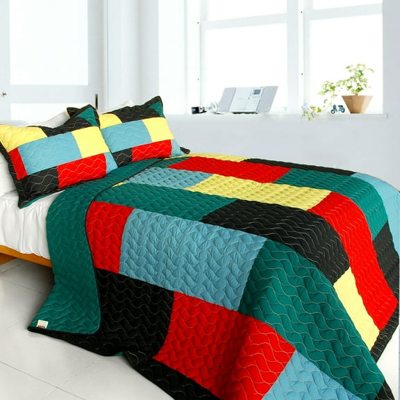 Rain Season 3PC Vermicelli-Quilted Patchwork Quilt Set (Full/Queen Size)
