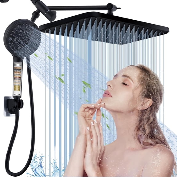 Rain Shower Combo, 14" High Rainfall and 9Spray Filtered Handheld Showerhead with Adjustable Arm, Dual Shower 70" Hose for Couples Bathroom Matte Black