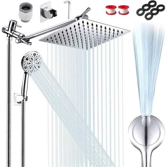 Rain Shower Head, 10" High Pressure Rain Shower Head with with 11 Inch Extension Arm, 10-mode Handheld Shower Head with Holder/Hose, Chrome
