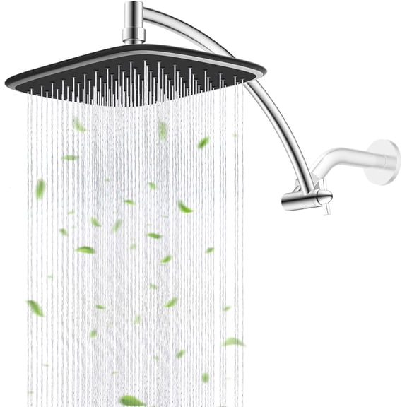 Rain Shower Head with 12" Shower Head Extension Arm, 10" High Pressure Boosting Rainfall/Fixed Showerhead, Metal Shower Head Extender Adjustable Height/Angle, 1-Min Installation, Easy Clean, Chrome