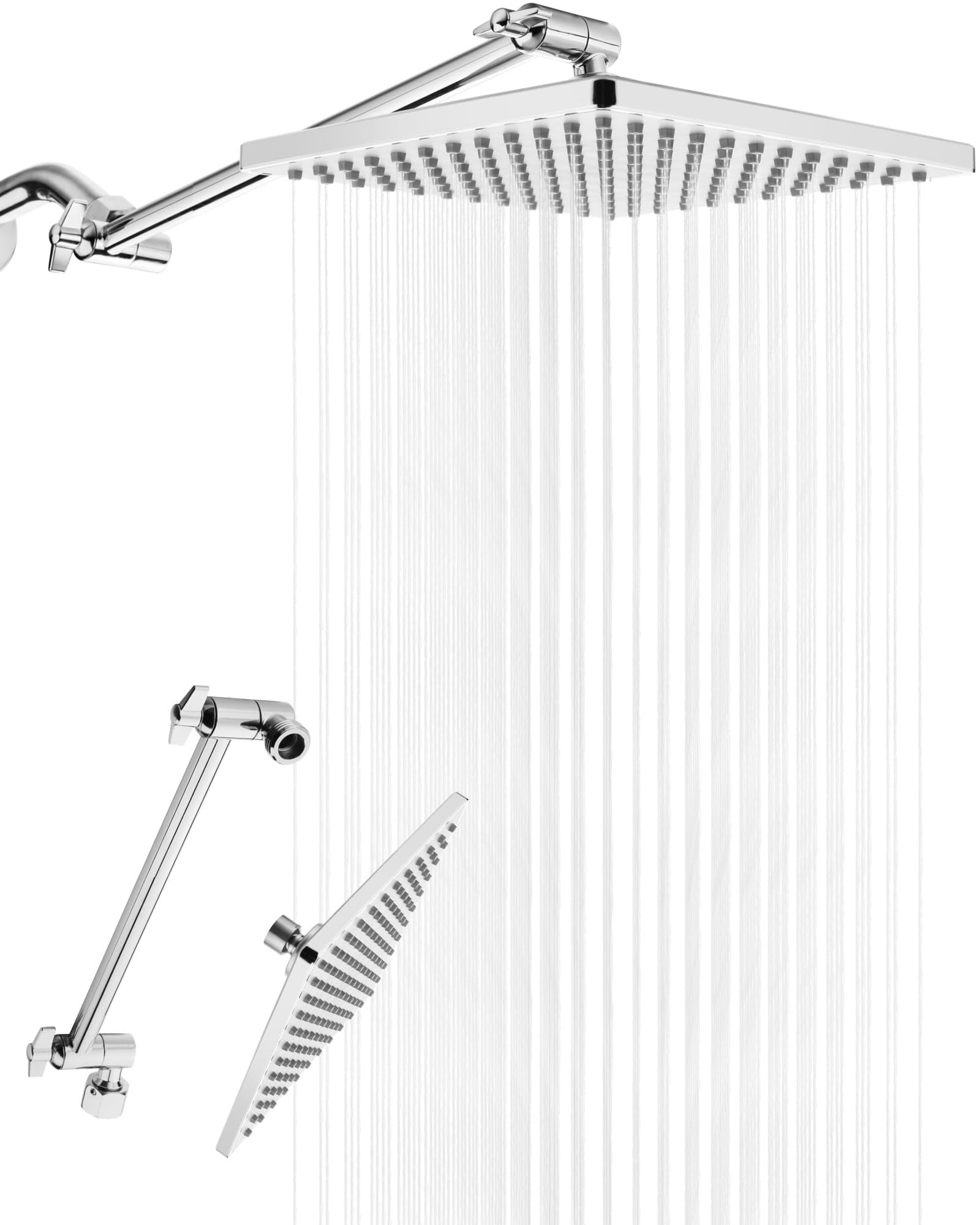 Rain Shower Head  8'' High Rainfall Square Showerhead With 11'' Extension Arm Brass Adjustable Extender Waterfall Fixed Showerheads Chrome