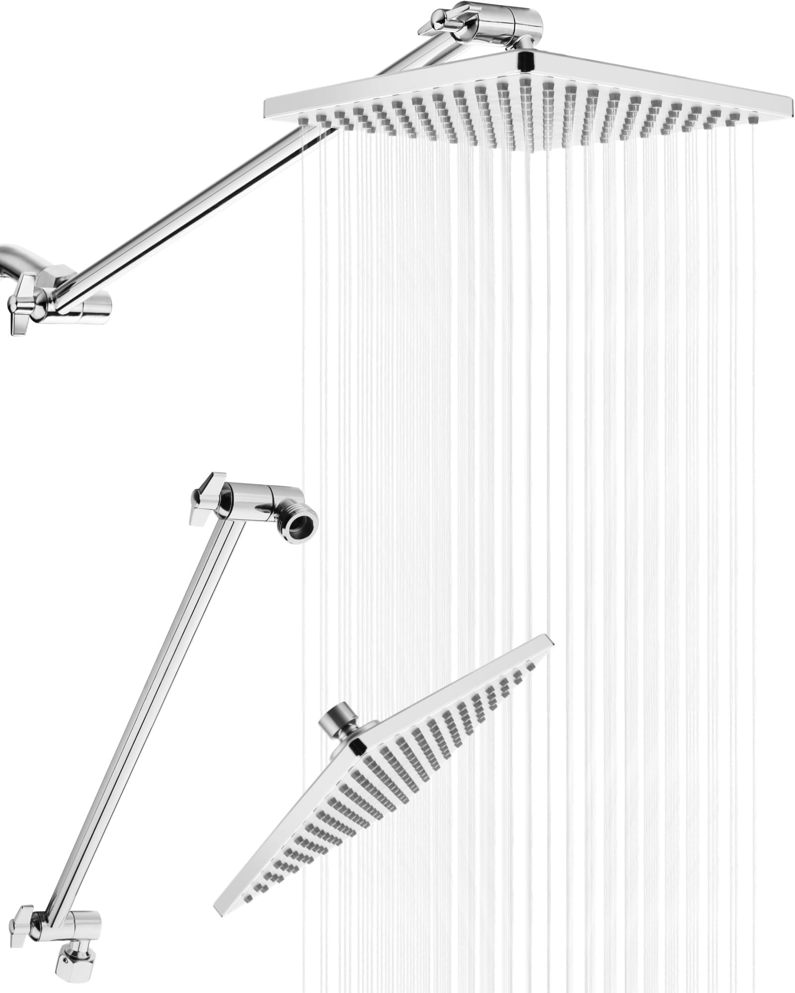 Rain Shower Head  8'' High Rainfall Square Showerhead With 15'' Extension Arm Brass Adjustable Extender Waterfall Fixed Showerheads Chrome