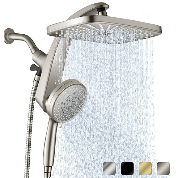 KESTE Shower Head, 12 Inch High Pressure Waterfall Showerhead with Removable Handheld Spray, 3+8+1 Spray Setting, Built-in Magnetic Docking, Double Showerheads with 60" Hose,Nickel