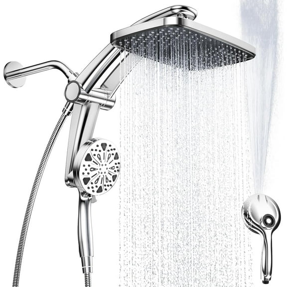 Rain Shower Head with Handheld High Pressure rainfall Shower Heads with Handheld Spray Combo Adjustable one-piece stand daul shower head Built-in Magnetic Docking and Power Jets（Sliver）