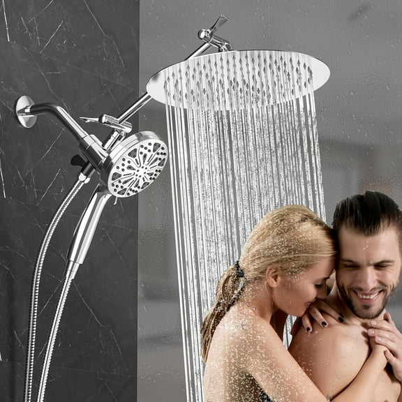Rain Shower Head With Handheld Spray, 12 Inch Rain Shower Head with 5 Inch Gandheld Spray 10 Spray Modes/Magnetic Docking with Extension Arm with Long Hose, Upgrade Power Jets Silver