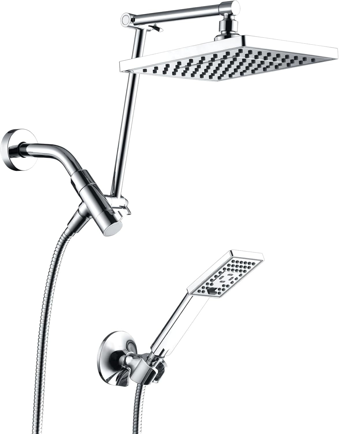 Rain Shower Head with Handheld Spray, 8 Inch High Pressure Rainfall Shower Head Combo with 60” Hose, Adjustable Dual Square Showerhead with 3-Way Diverter, Wall Bracket, Chrome