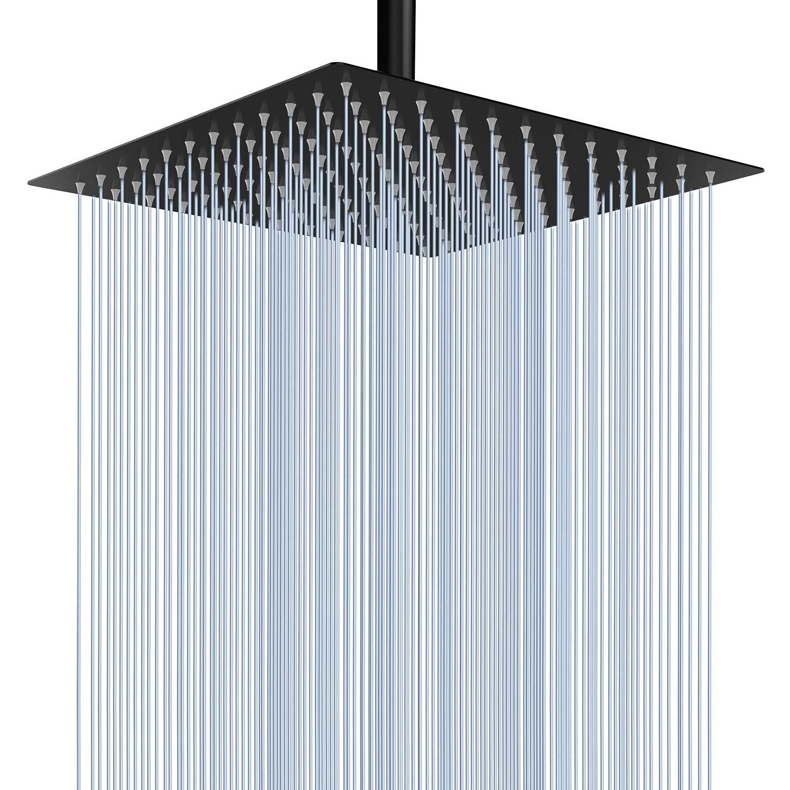 Rain Shower Head - High Flow Large Rainfall Heads Made Of Stainless Steel Waterfall Bathroom Square Showerhead Ceiling Or Wall Mount (12" Black)