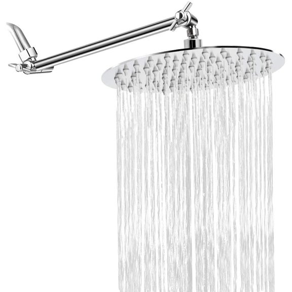 Rain Shower Head with 11'' Adjustable Arm, High Pressure Stainless Steel Rainfall Shower, Ultra-Thin Design - Pressure Boosting (8 Inch, Chrome)