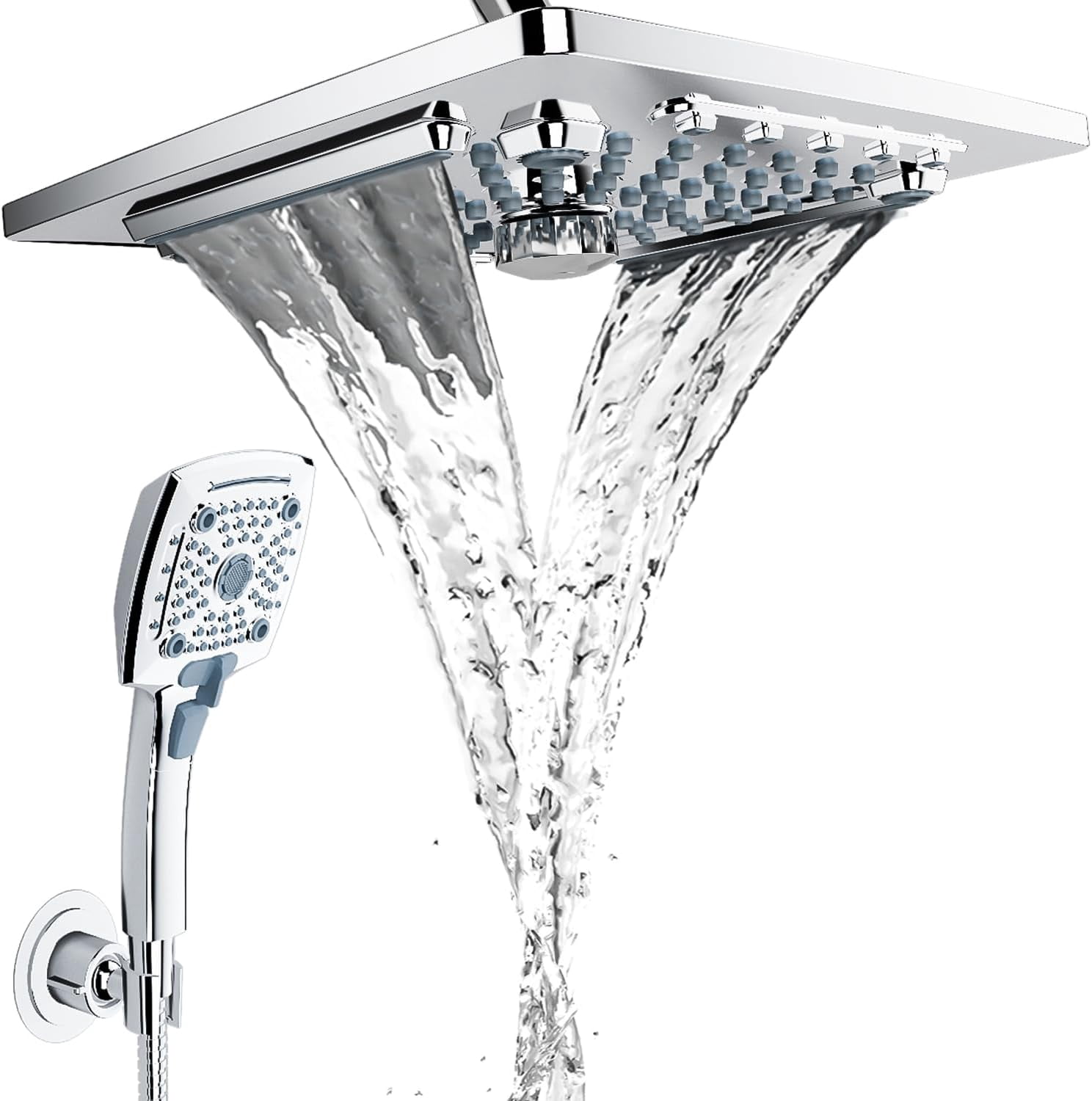 Rain Shower Head with Handheld Spray, Rainfall Shower Head Combo with 60" Hose, Adjustable Dual Showerhead Set with 3-Way Diverter, Chrome