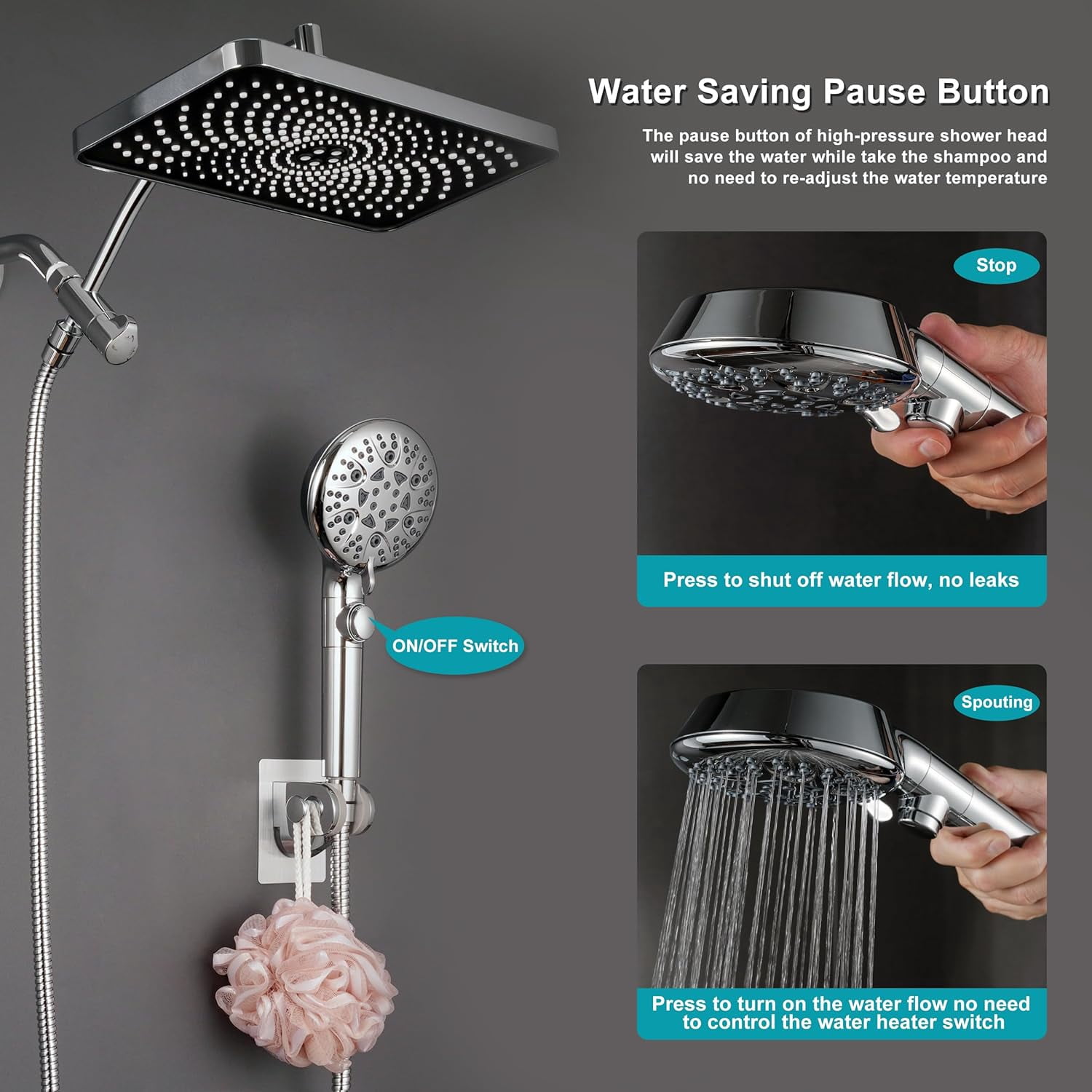 Rain Shower Heads with Handheld Spray Combo, 12In Fixed Showerhead & 8-Mode Handheld Shower Head with 79 Inches Extra-long Stainless Steel Hose and Low-Reach Adhesive Wall Mount for Elderly