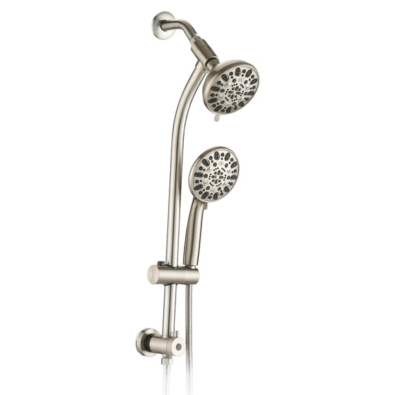 Rain Shower System with 26-Inch Drill-Free Stainless Steel Slide Bar, Dual Shower Head with 7-Setting Handheld Spray, ABS Construction, Brushed Nickel Finish for Bathroom Wall Mount