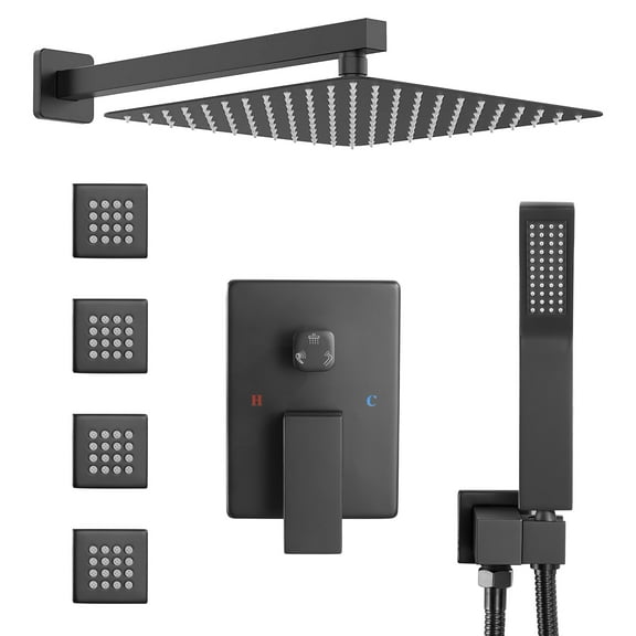 Rain Shower System with 4 Body Shower Spray Jets & Wall Mount 12'' Rainfall Shower & Hand Shower, Matte Black Overhead Full Body Shower Faucet with Jets & Valve