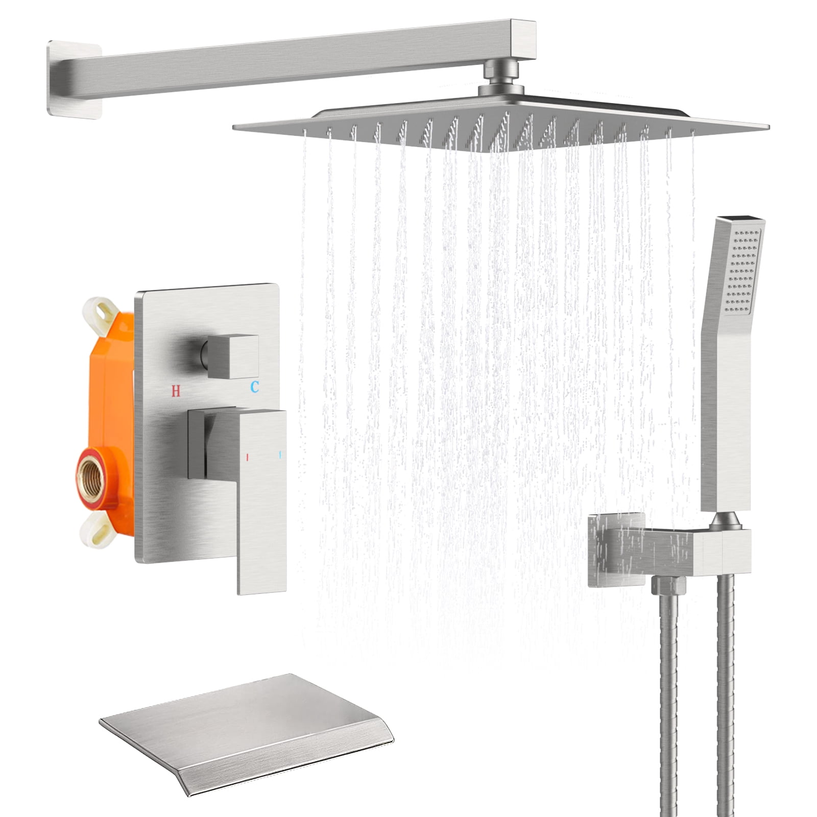Rain Shower System Brushed Nickel Tub Shower Faucet Set 10 Inch Square Rainfall Shower Head with Handheld Sprayer and Waterfall Tub Spout[Unable ship on weekends,+usps/fedex]