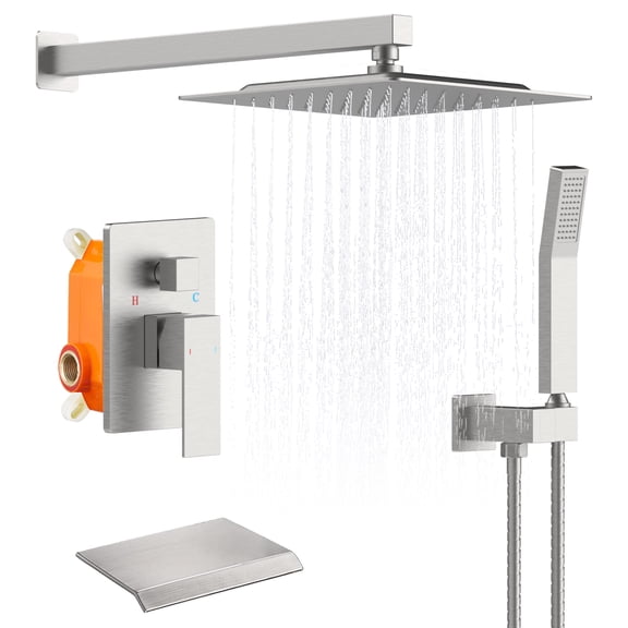 Rain Shower System Brushed Nickel Tub Shower Faucet Set 10 Inch Square Rainfall Shower Head with Handheld Sprayer and Waterfall Tub Spout[Unable ship on weekends,+usps/fedex]