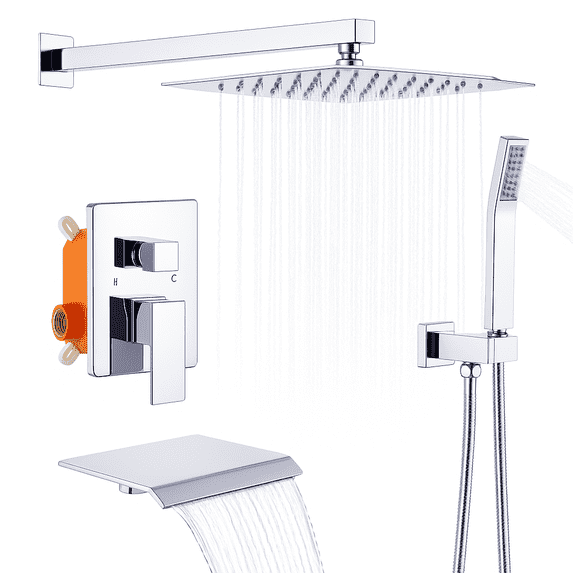 Rain Shower System Chrome Tub Shower Faucet Set 10 Inch Square Rainfall Shower Head with Handheld Sprayer and Waterfall Tub Spout