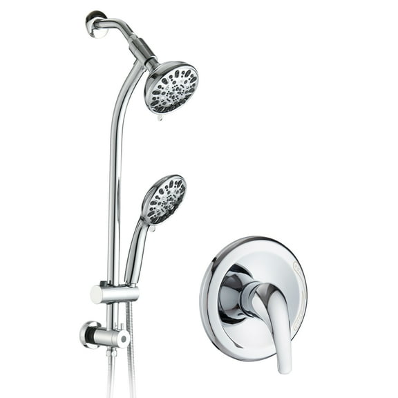 Rain Shower System, Drill-Free Stainless Steel Slide Bar Combo with 7-Setting Dual Shower Head and Handheld Spray, ABS Chrome Wall Mounted Spa Set with Rough-in Valve, 26-Inch Rod