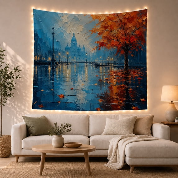 Rain-Slicked Street with Autumn Tree Moody Impressionist for Urban Art Lovers Neoclassical Cityscape Art Housewarming Gift Tapestry Wall Hanging for Living Room and Bedroom