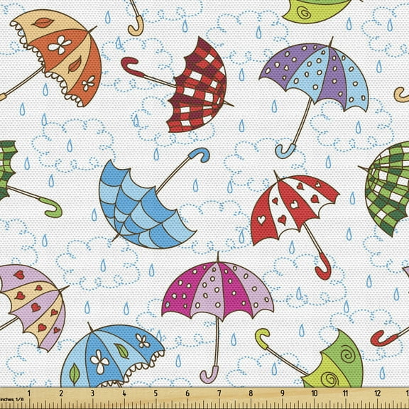 Ambesonne Rain Fabric by the Yard Upholstery, Colorful Doodle Umbrellas, 3 Yards, Multicolor