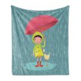 thumbnail image 1 of Rain Soft Flannel Fleece Blanket, Illustration of a Little Girl and Her Duck Animal Friend with Umbrella in Rainy Season, Cozy Plush for Indoor and Outdoor Use, 70" x 90", Multicolor, by Ambesonne, 1 of 5